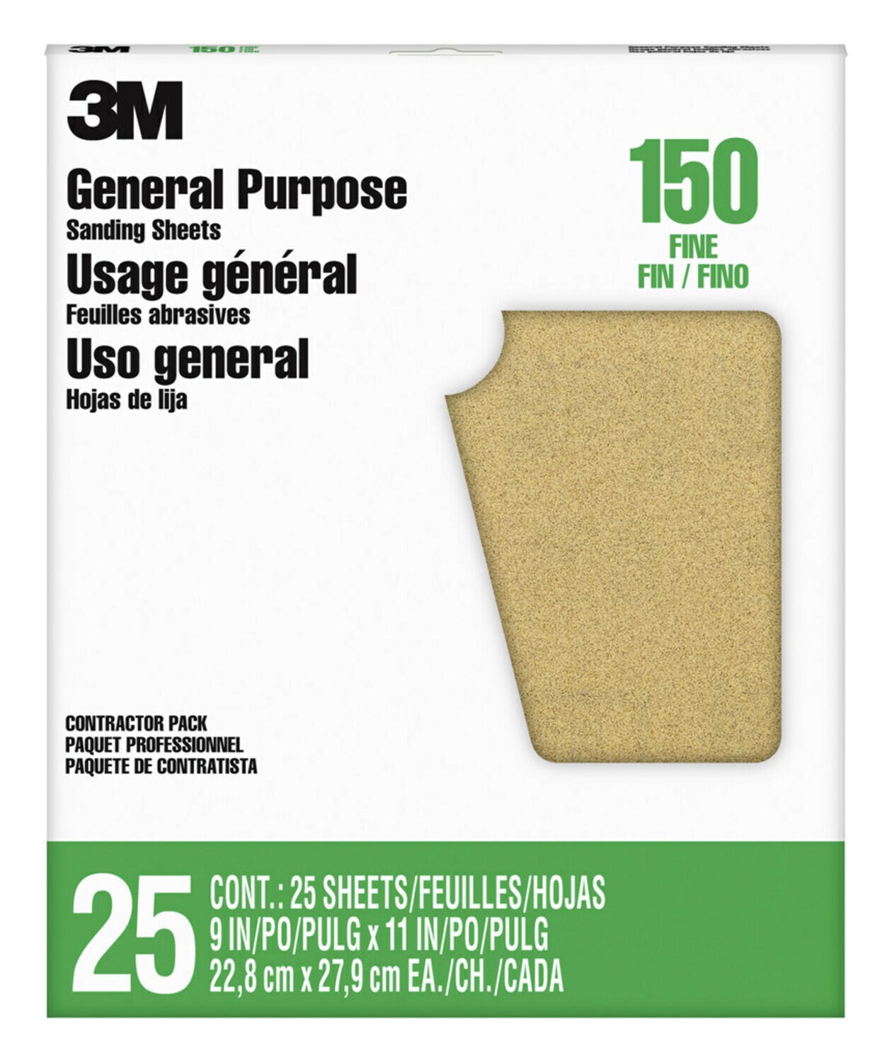 7100091961 - 3M Pro-Pak General Purpose Sanding Sheets, 11602NA-25, 9 in x 11 in, 150 grit, Fine Grit 25 sheets/pk, 5 pks/cs