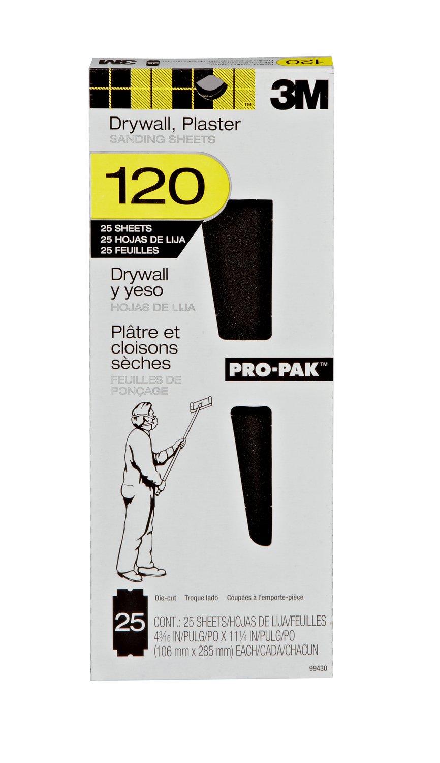 7010371363 - 3M Pro-Pak Drywall Sanding Sheet 99430, 4.1875 in x 11.25 in, 25 sht pk, 120C Grit