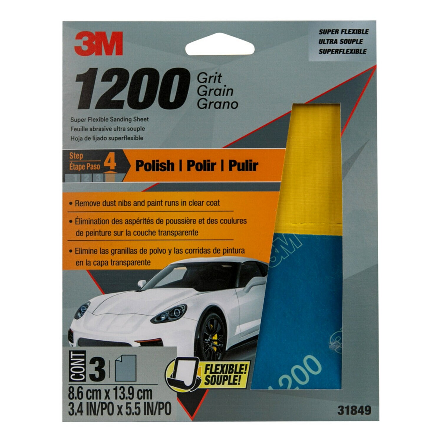 7100152960 - 3M Super Flexible Sanding Sheets, 31849, 1200 Grit, 3 pack, 20 packs
per case