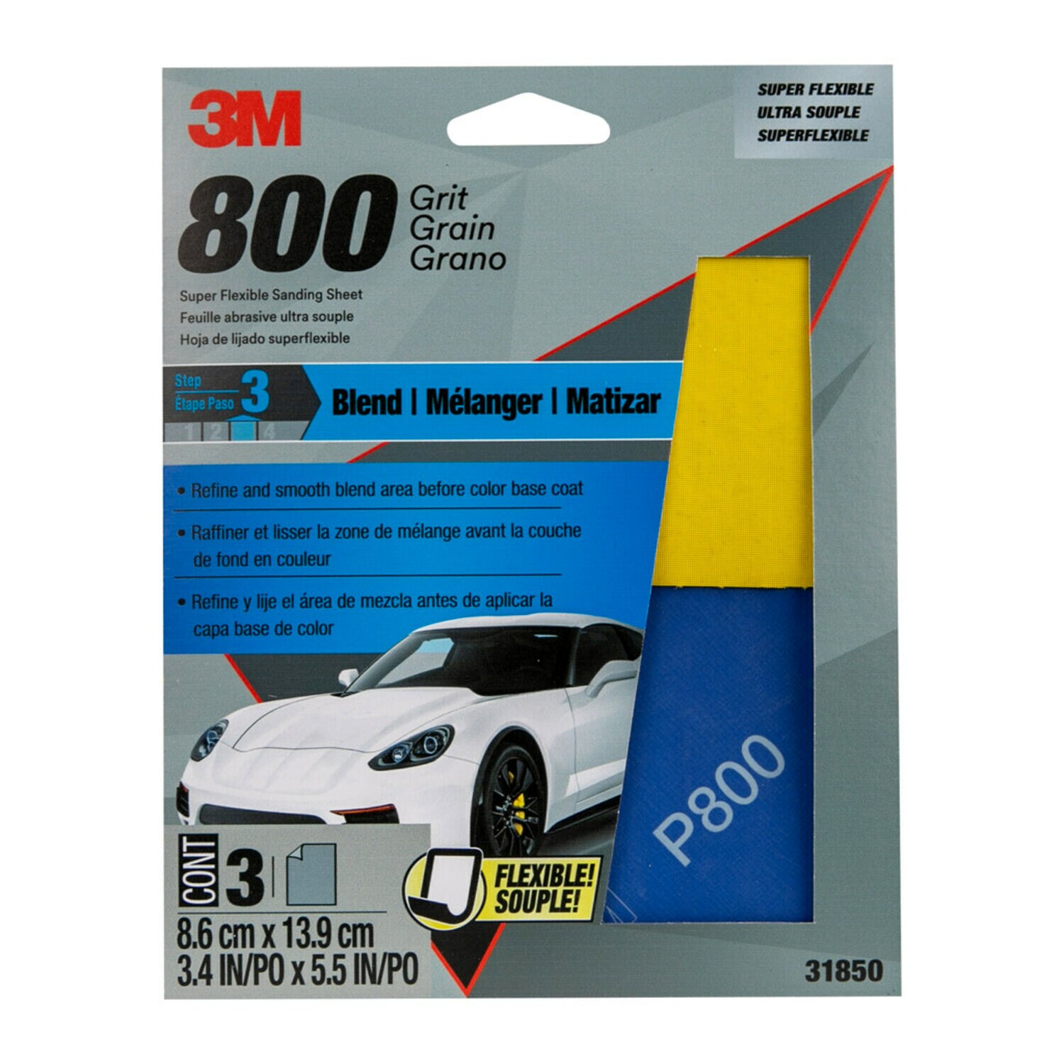 7100152959 - 3M Super Flexible Sanding Sheets, 31850, 800 Grit, 3 pack, 20 packs per case