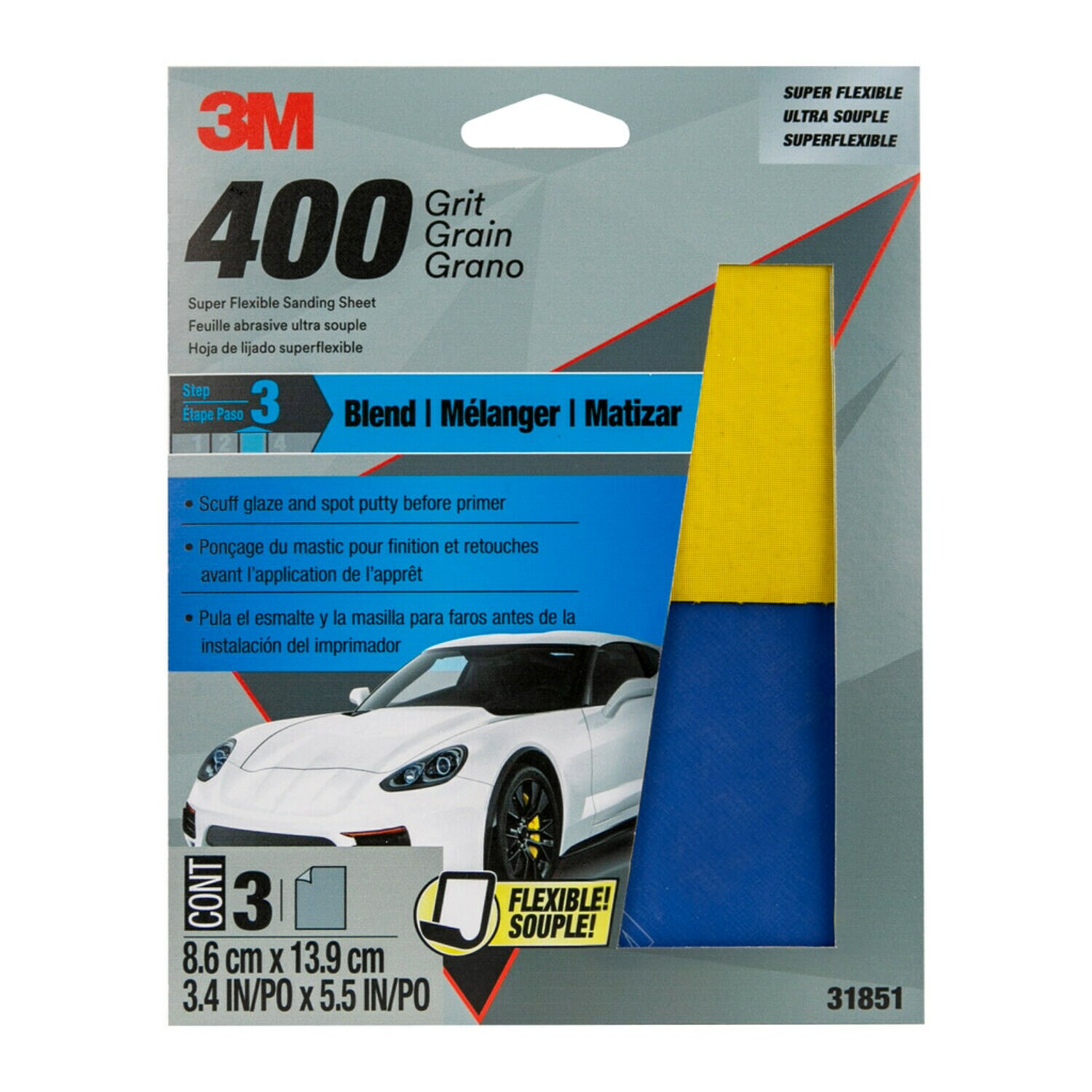 7100152958 - 3M Super Flexible Sanding Sheets, 31851, 400 Grit, 3 pack, 20 packs per case
