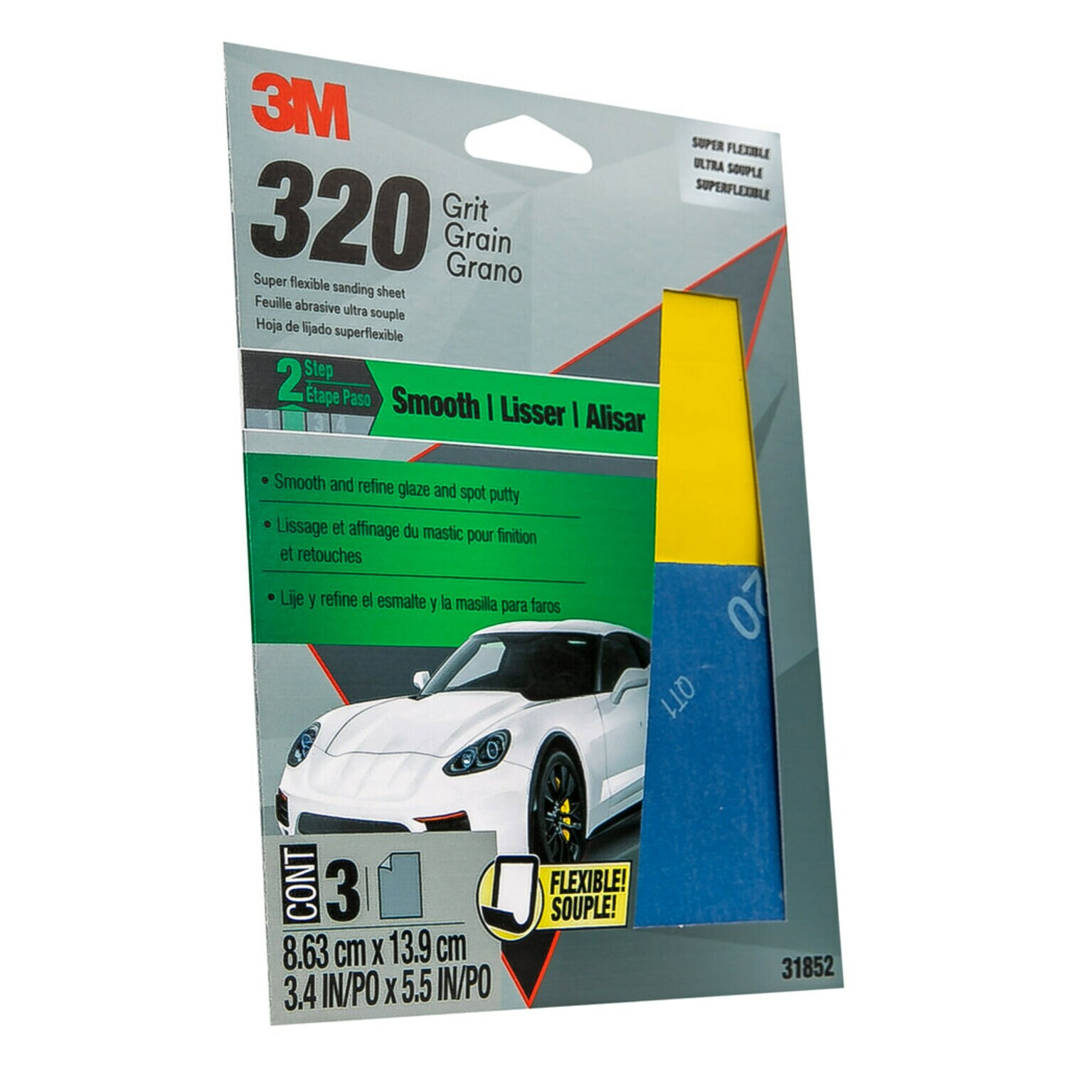 7100152956 - 3M Super Flexible Sanding Sheets, 31852, 320 Grit, 3 pack, 20 packs per case