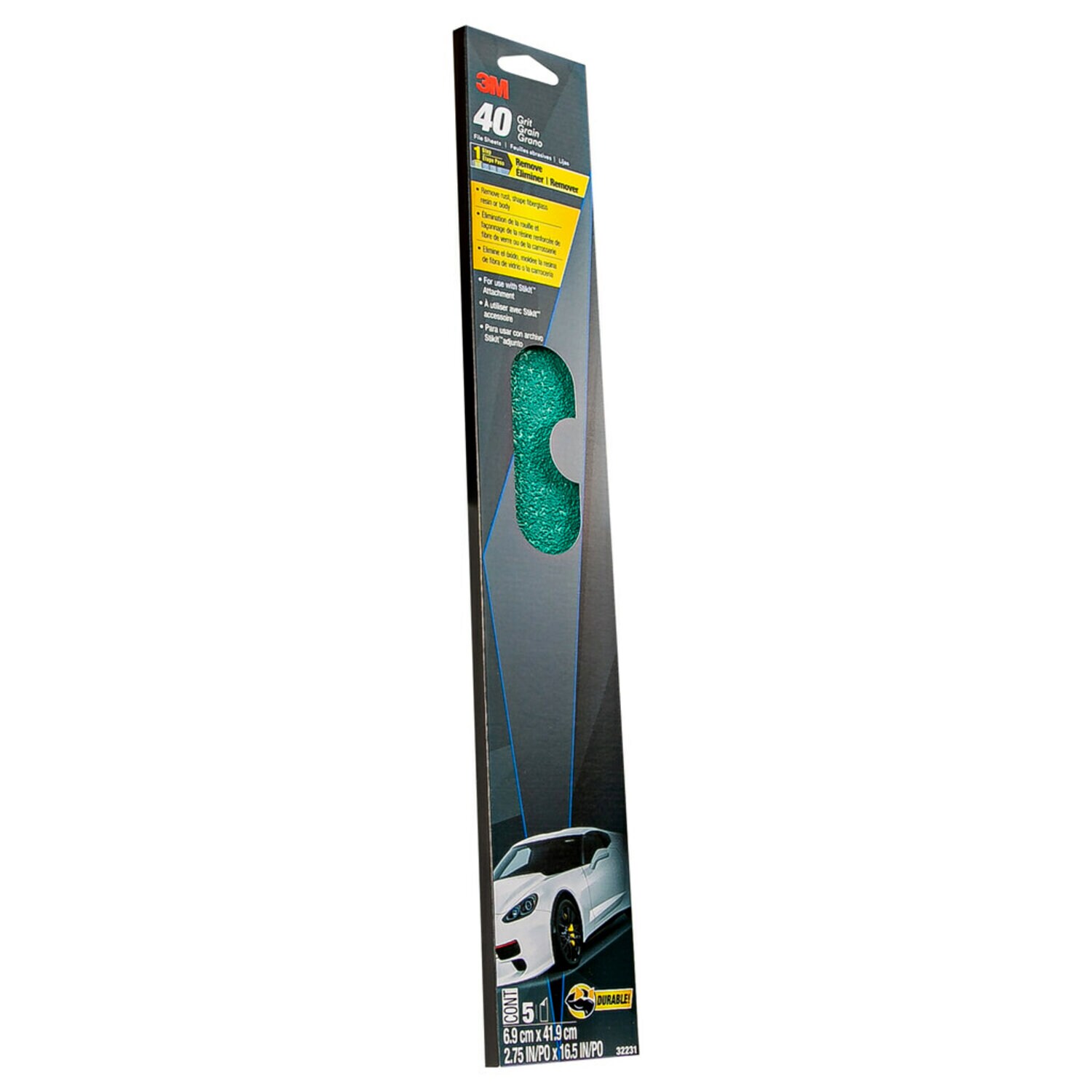7000120007 - 3M Green Corps File Sheets, 32231, 40 grit, 2-3/4 in x 16 1/2 in, 5 sheets per pack, 10 packs per case