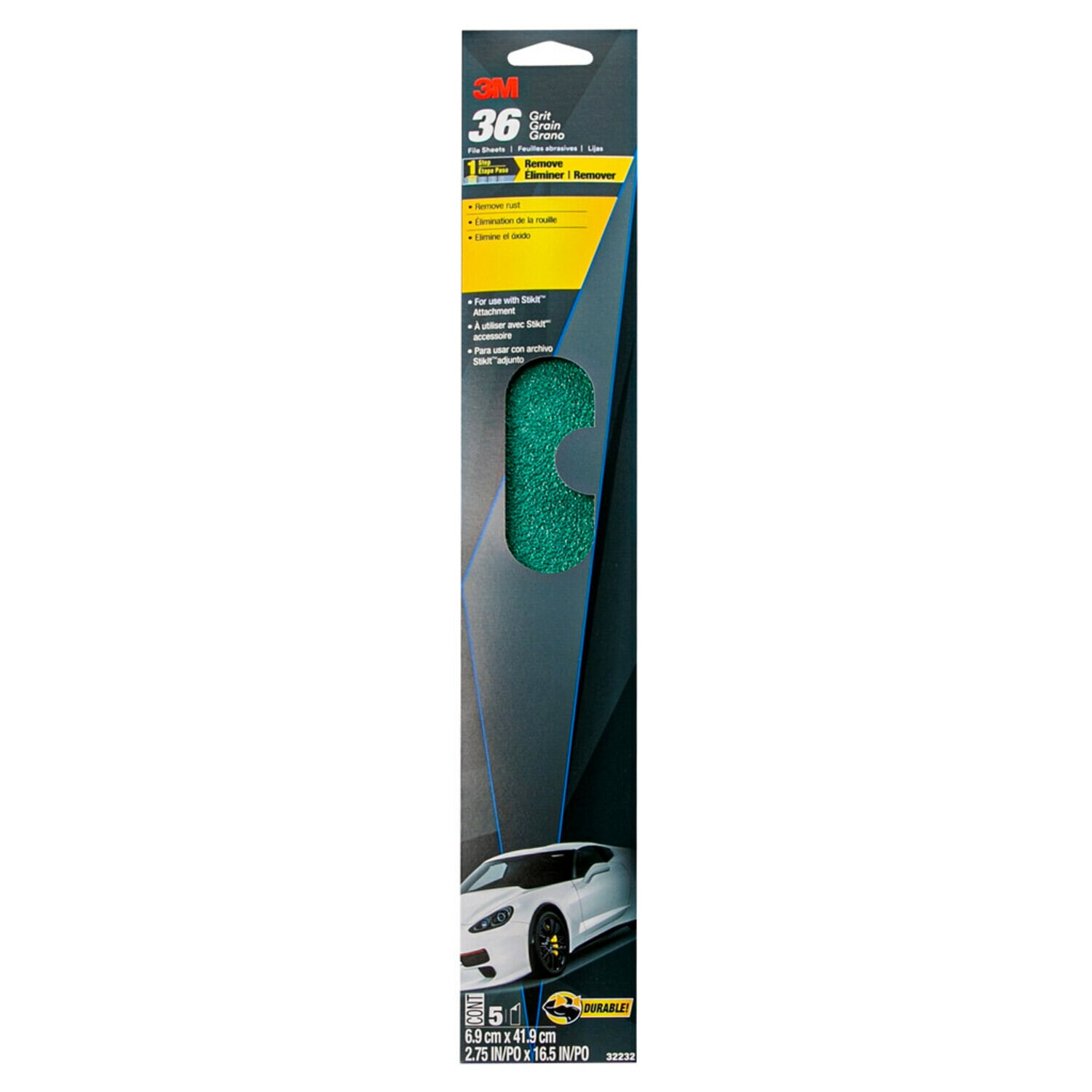 7000120008 - 3M Green Corps File Sheets, 32232, 36 grit, 2-3/4 in x 16 1/2 in, 5 sheets per pack, 10 packs per case