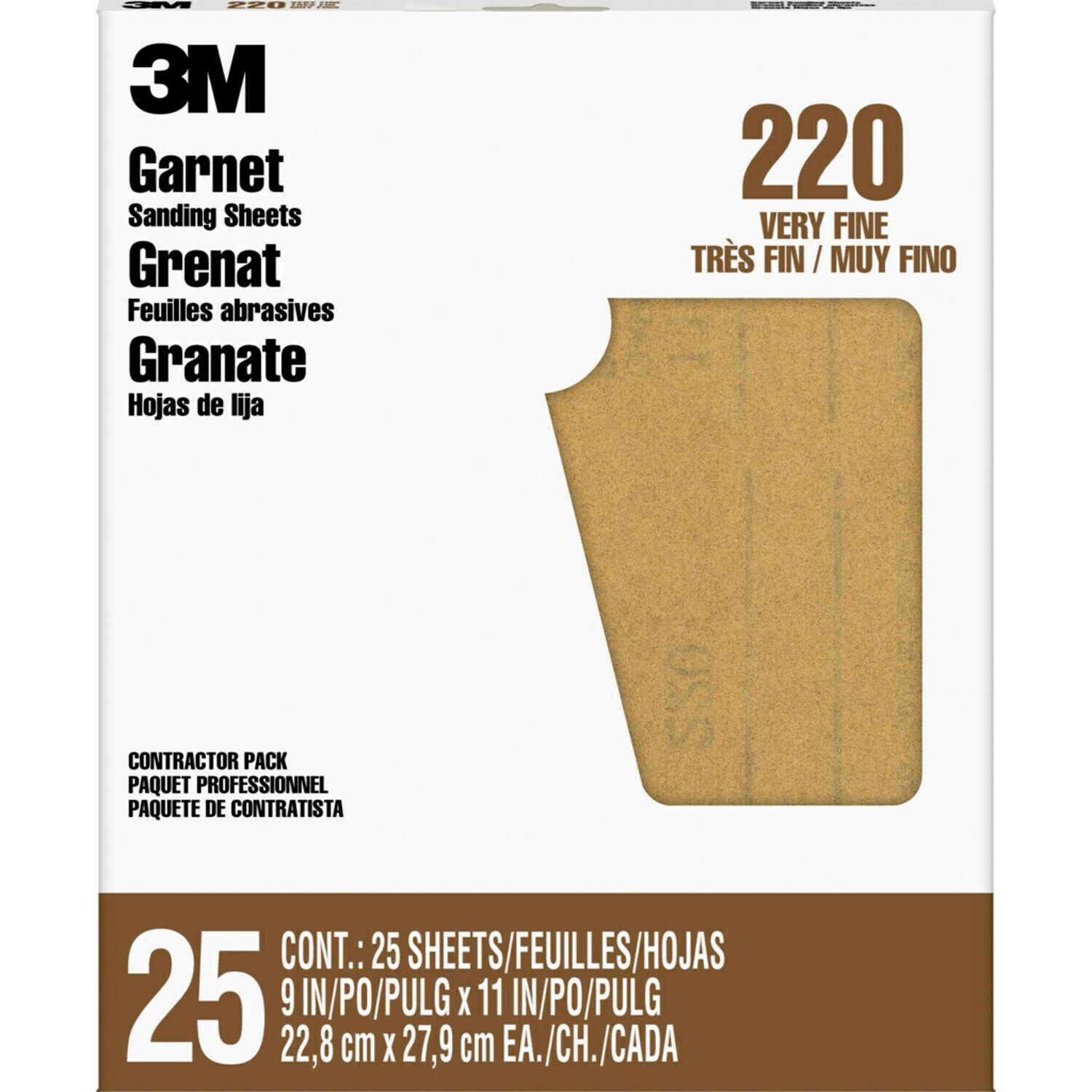 7000126420 - 3M Garnet Sanding Sheets 99411NA, 9 in x 11 in, 220 grit, 25 sheets/pk, 10 pks/cs