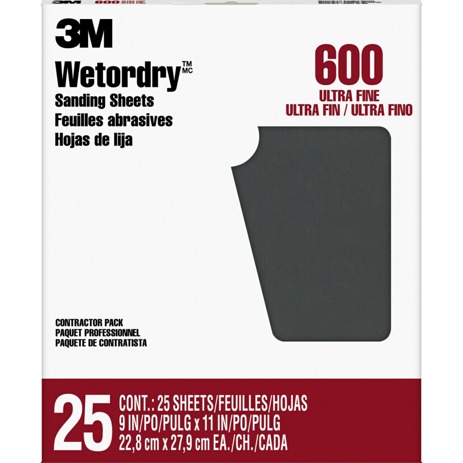 7000126423 - 3M Wetordry Sanding Sheets 99419NA, 9 in x 11 in, 600 grit, 25 sheets/pk, 10 pks/cs