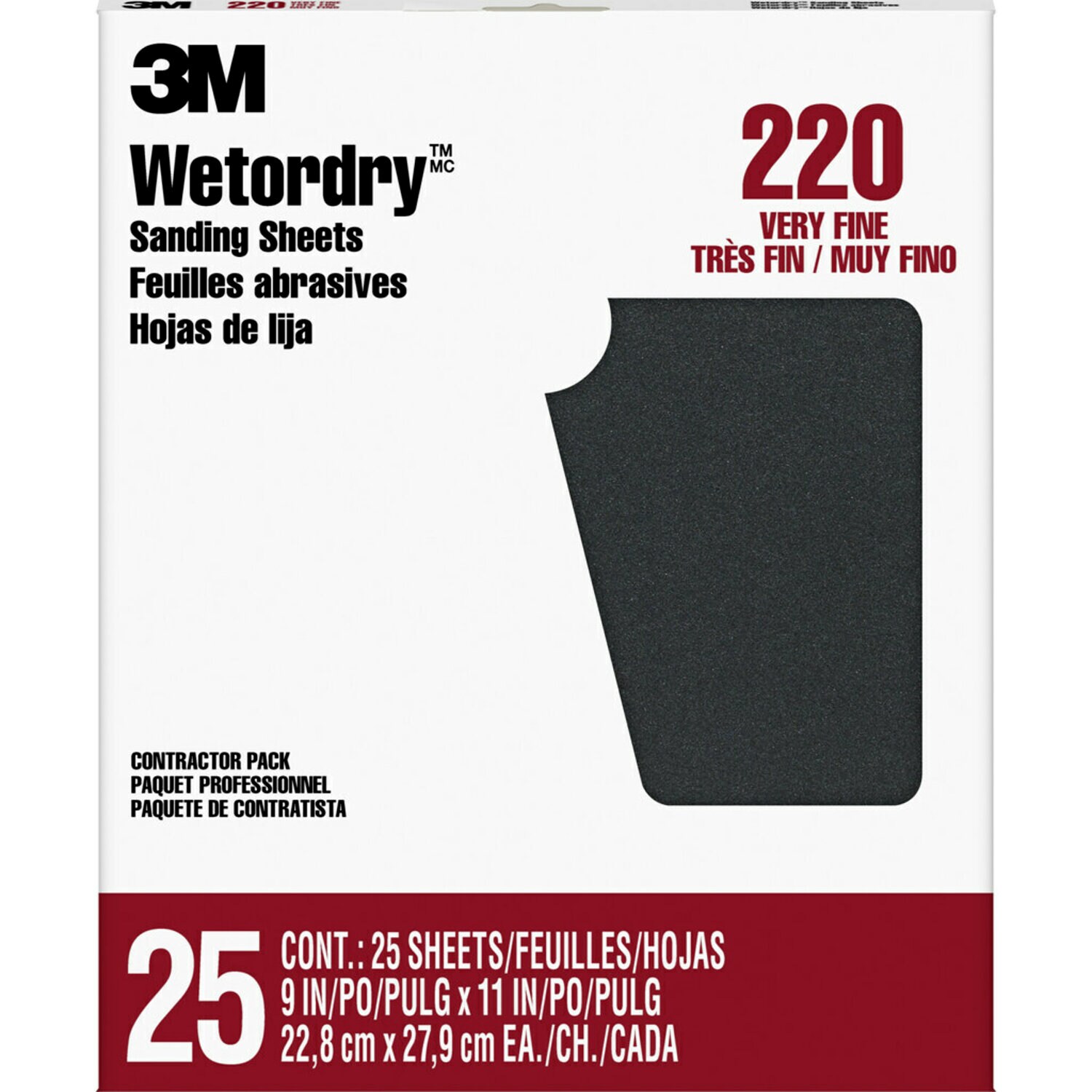7000126426 - 3M Wetordry Sanding Sheets 99422NA, 9 in x 11 in, 220 grit, 25 sheets/pk, 10 pks/cs