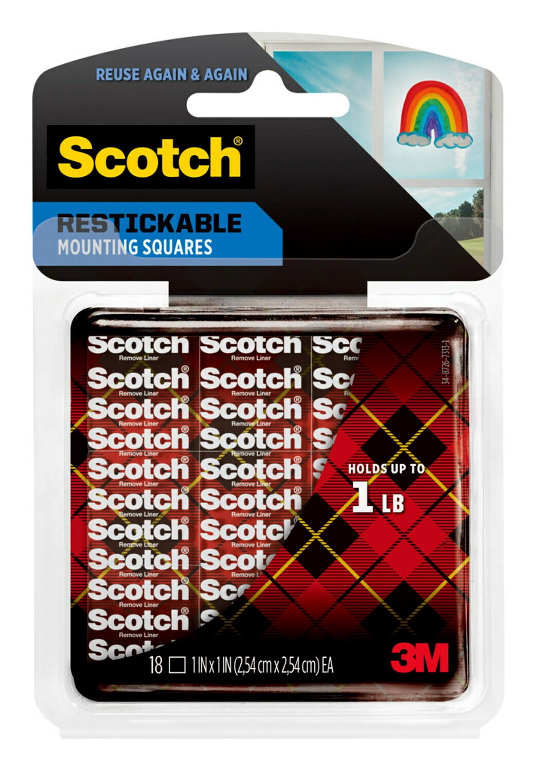 7100245428 - Scotch Restickable Mounting Squares R100S, 1 in x 1 in (2.54 cm x 2.54 cm) 18/pk