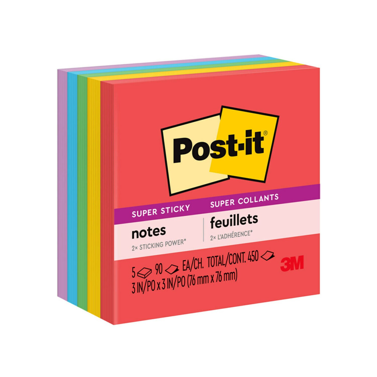7100050239 - Post-it Super Sticky Notes 654-5SSAN, Playful Primaries Collection, 3 in x 3 in (76 mm x 76 mm), 100% PEFC, SGSCH-PEFC-COC-110078