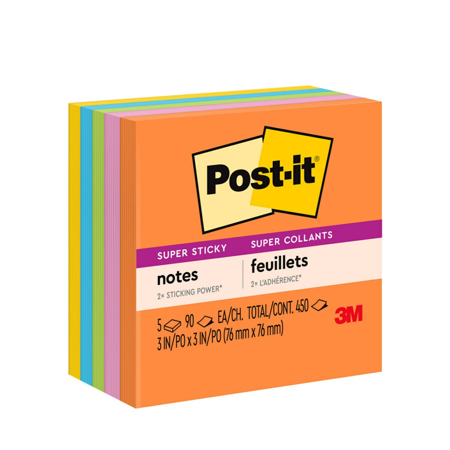 7100230170 - Post-it Super Sticky Notes 654-5SSUC, Neon Fizz Collection, 3 in x 3 in (76 mm x 76 mm),90 sheet,100% PEFC, SGSCH-PEFC-COC-110078