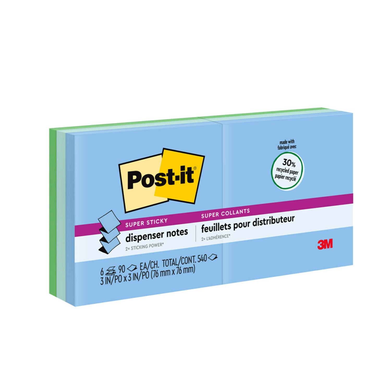 7100230179 - Post-it Super Sticky Recycled Dispenser Pop-up Notes R330-6SST, 3 in x 3 in (76 mm x 76 mm)