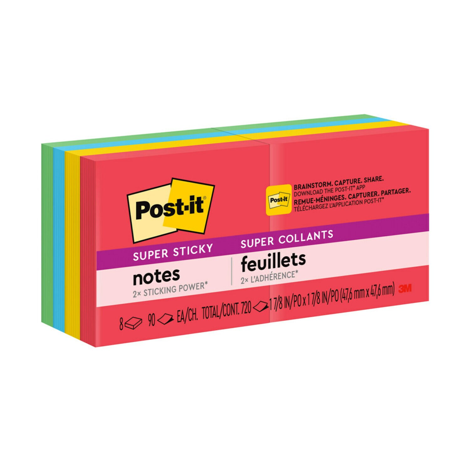 7100261398 - Post-it Super Sticky Notes 622-8SSAN, 1.8 in x 1.8 in (47.6 mm x 47.6 mm), Playful Primaries, 100% PEFC, SGSCH-PEFC-COC-110078