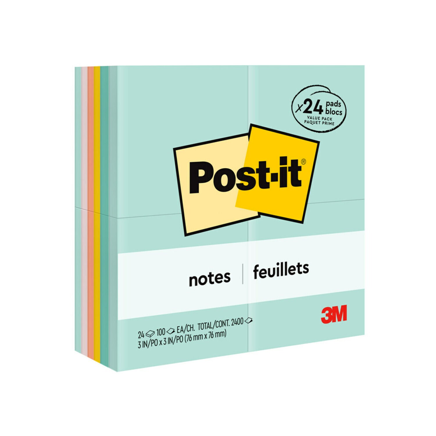 7100237028 - Post-it 654-24APVAD, 3 in x 3 in (76 mm x 76 mm), Marseille Colors