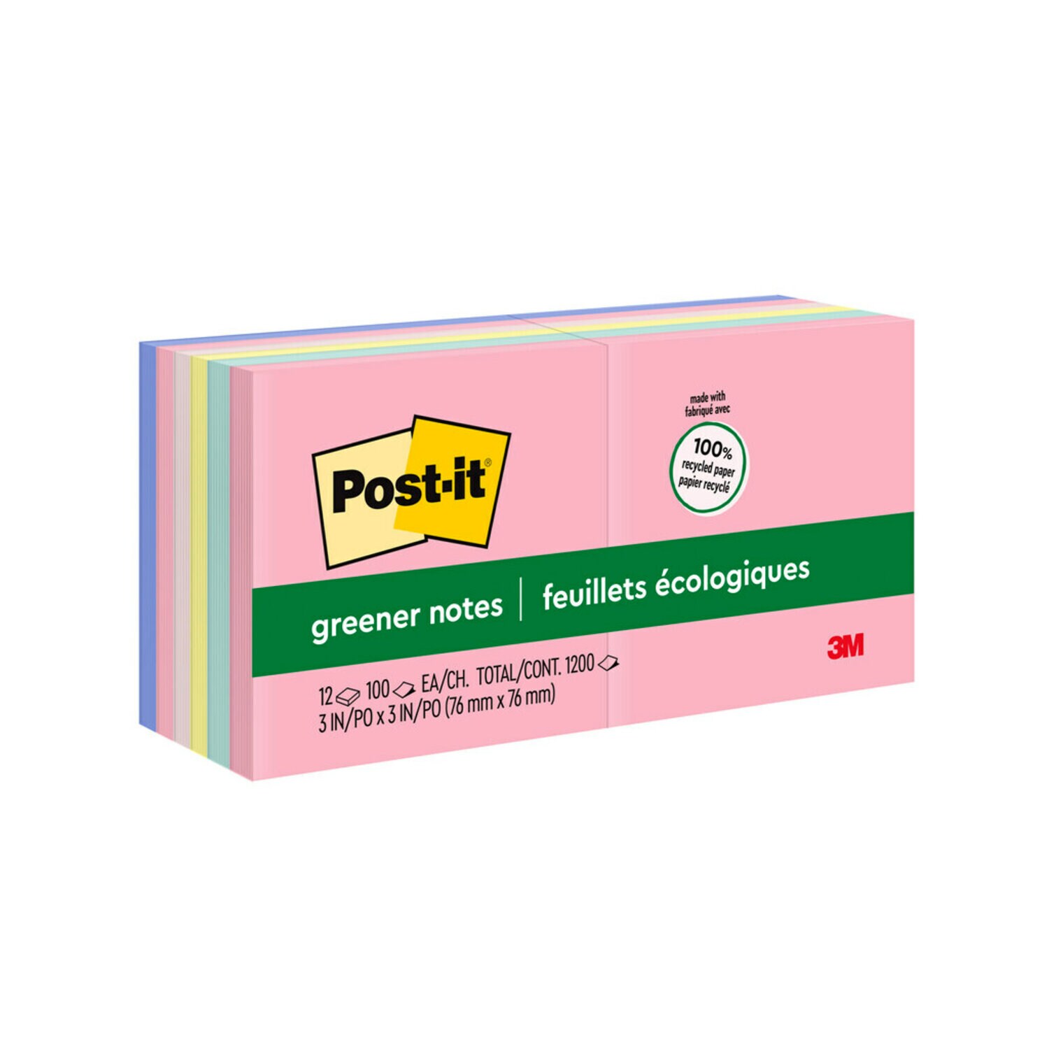 7100230238 - Post-it Greener Notes 654-RP-A, 3 in x 3 in (76 mm x 76 mm), Helsinki colors