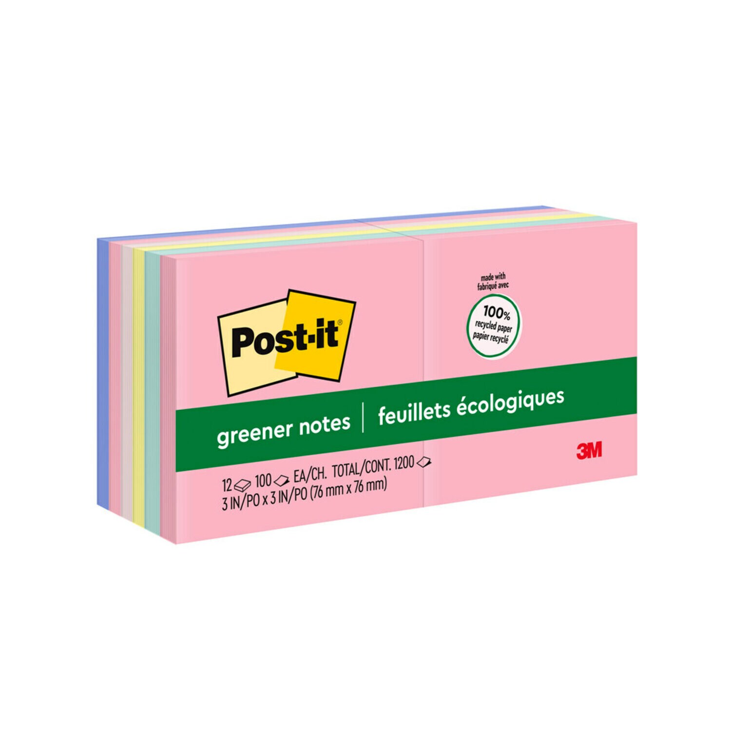 7100230238 - Post-it Greener Notes 654-RP-A, Helsinki Colors, 3 in x 3 in (76 mm x 76 mm), 100% PEFC, SGSCH-PEFC-COC-110078