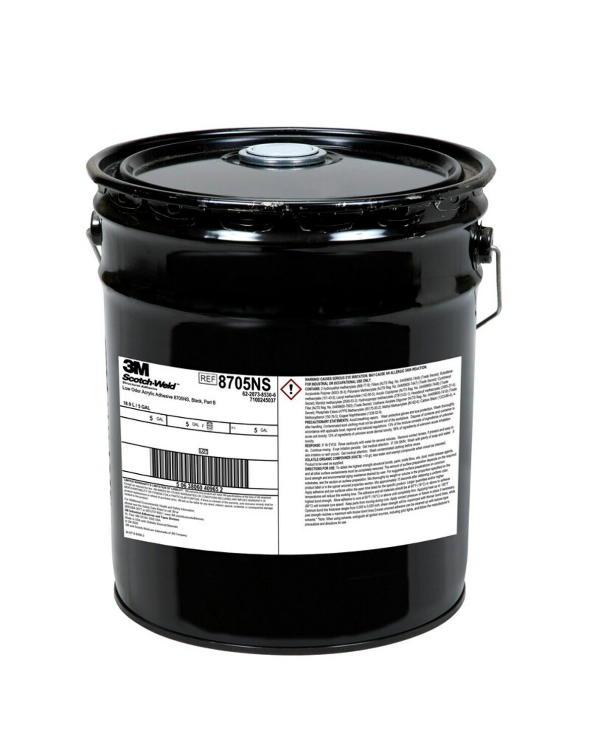 7100245037 - 3M Scotch-Weld Low Odor Acrylic Adhesive 8705NS, Black, Part B, 5
Gallon (Pail), Drum