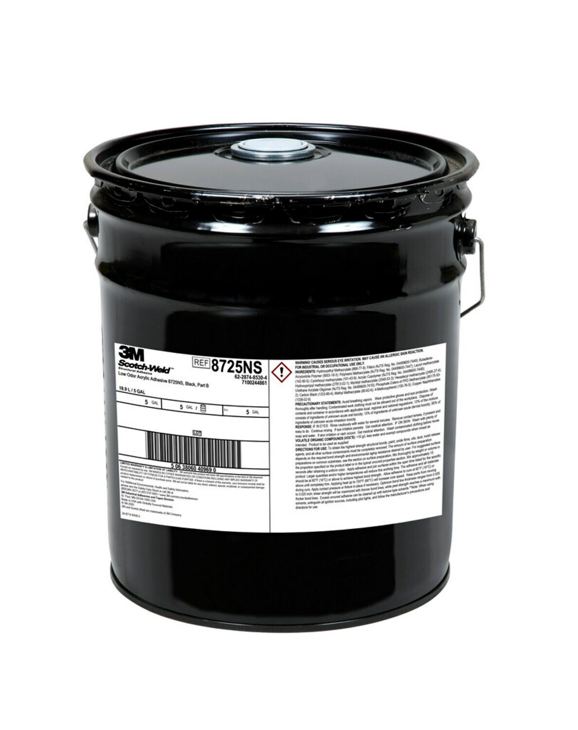 7100244861 - 3M Scotch-Weld Low Odor Acrylic Adhesive 8725NS, Black, Part B, 5
Gallon (Pail), Drum