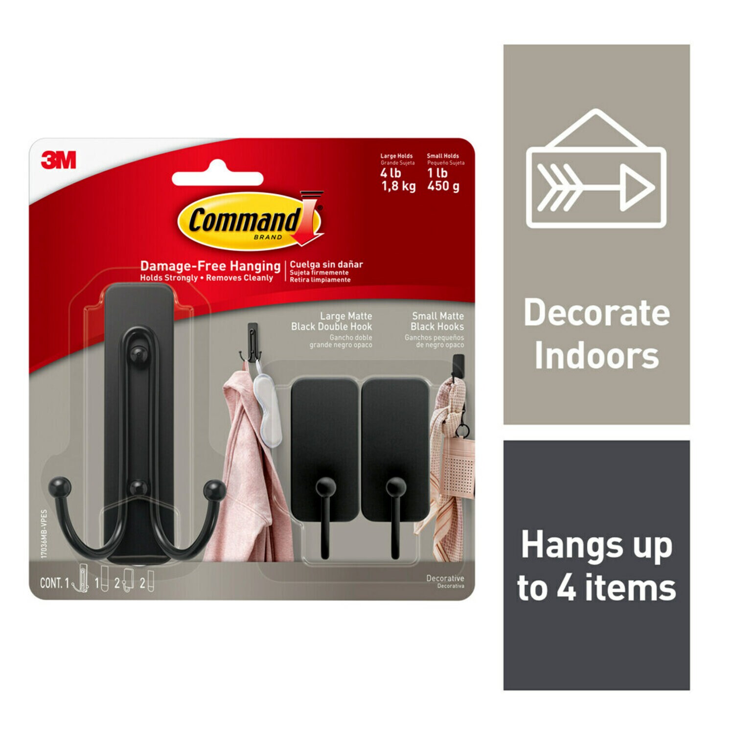 7100269353 - Command Matte Black Hooks Combo Pack 17036MB-VPES, 3 hooks, 3 strips