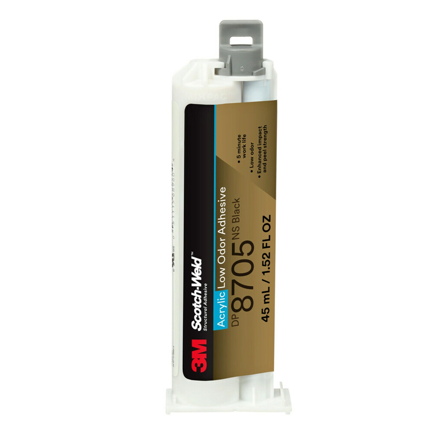 7100245036 - 3M Scotch-Weld Low Odor Acrylic Adhesive DP8705NS, Black, 45 mL
Duo-Pak, 12 Each/Case