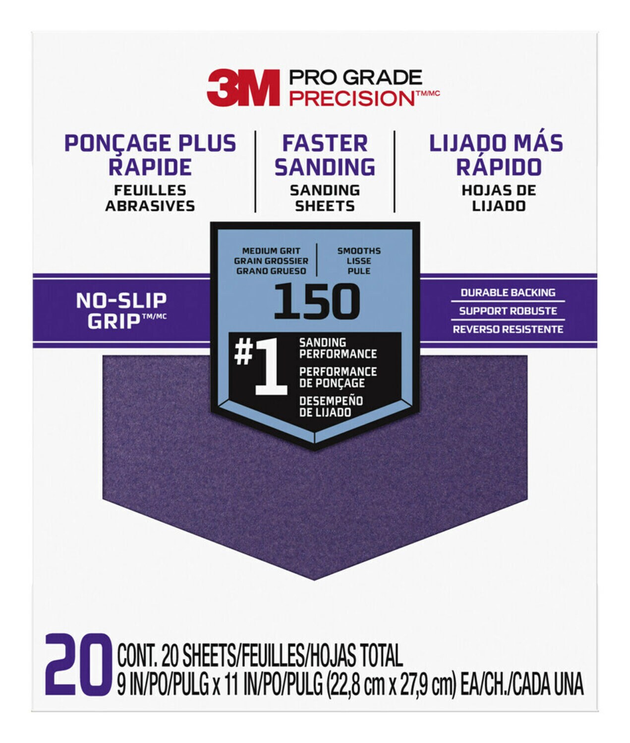7100149129 - 3M Pro Grade Precision Faster Sanding Sanding Sheets150 grit Medium,
27150TRI-20, 9 in x 11 in, 20/pk