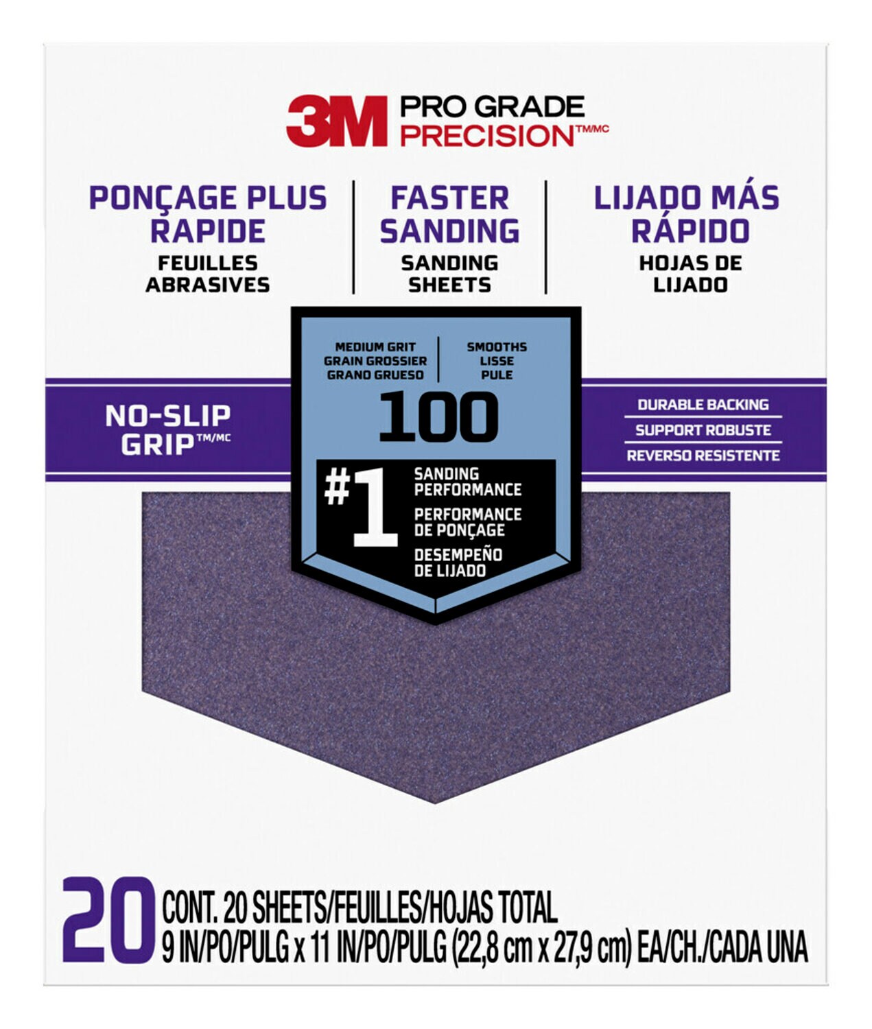 7010417805 - 3M Pro Grade Precision Faster Sanding Sanding Sheets 100 grit Medium, 27100TRI-20, 9 in x 11 in, 20/pk