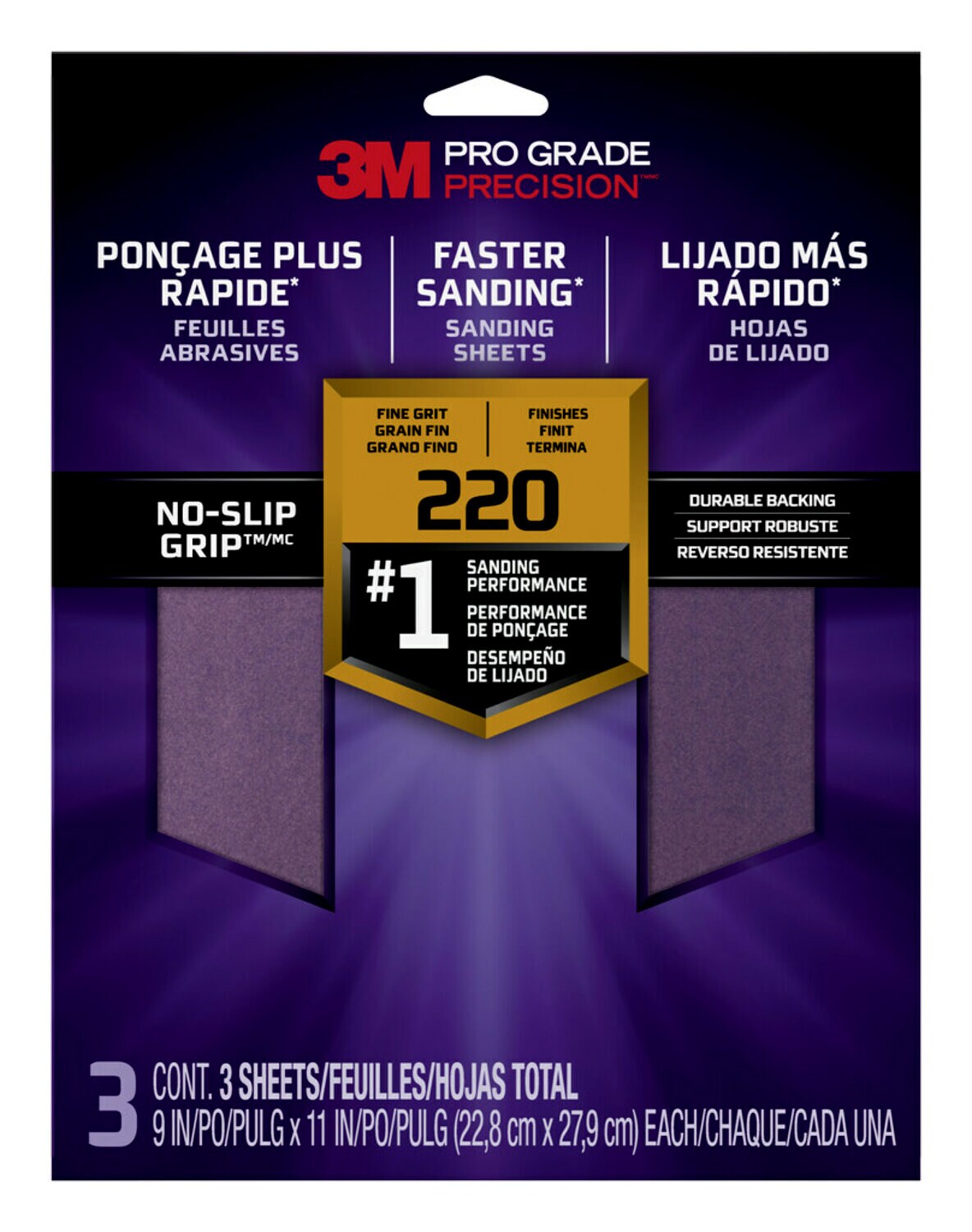 7010416998 - 3M Pro Grade Precision Faster Sanding Sanding Sheets 220 grit Fine,
26220TRI-3, 9 in x 11 in, 3/pk