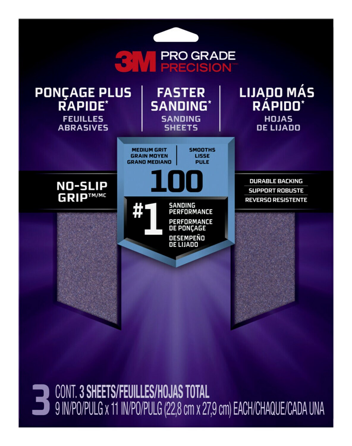 7010417002 - 3M Pro Grade Precision Faster Sanding Sanding Sheets 100 grit Medium,
26100TRI-3, 9 in x 11 in, 3/pk