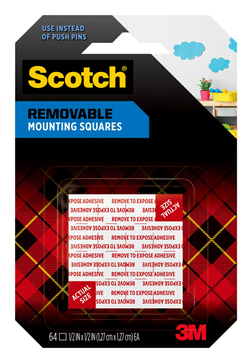 7100245431 - Scotch Removable Double-Sided Mounting Squares 108S-SQSML-64, 1/2 in x 1/2 in (1.27 cm x 1.27 cm) 64/pk