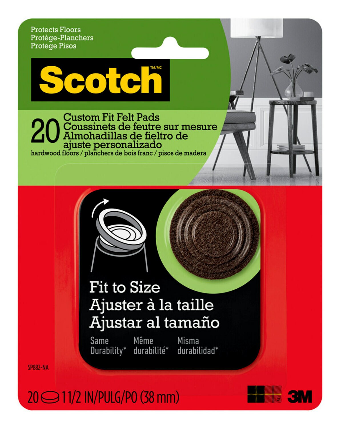 7100242697 - Scotch Custom Fit Felt Pads SP882-NA, Brown, 1.5 in, 20 ct