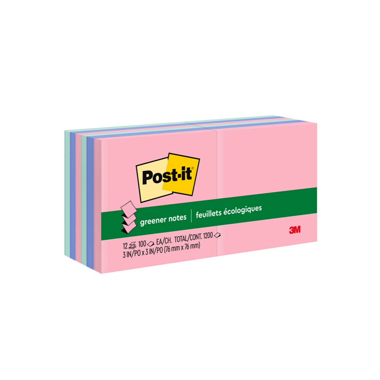 7100159935 - Post-it Greener Dispenser Pop-up Notes R330RP-12AP, 3 in x 3 in, Assorted Pastel