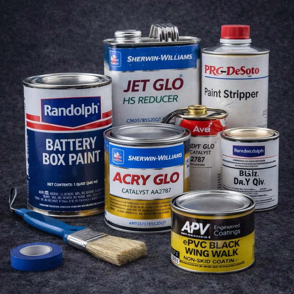 Assortment of aircraft paints and coatings including Sherwin-Williams Jet Glo, Randolph Battery Box Paint, and APV Wing Walk coating