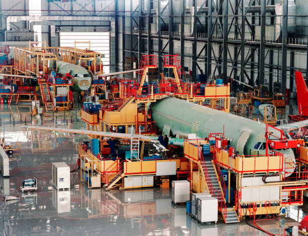 Aerospace manufacturing facility with aircraft fuselages under construction