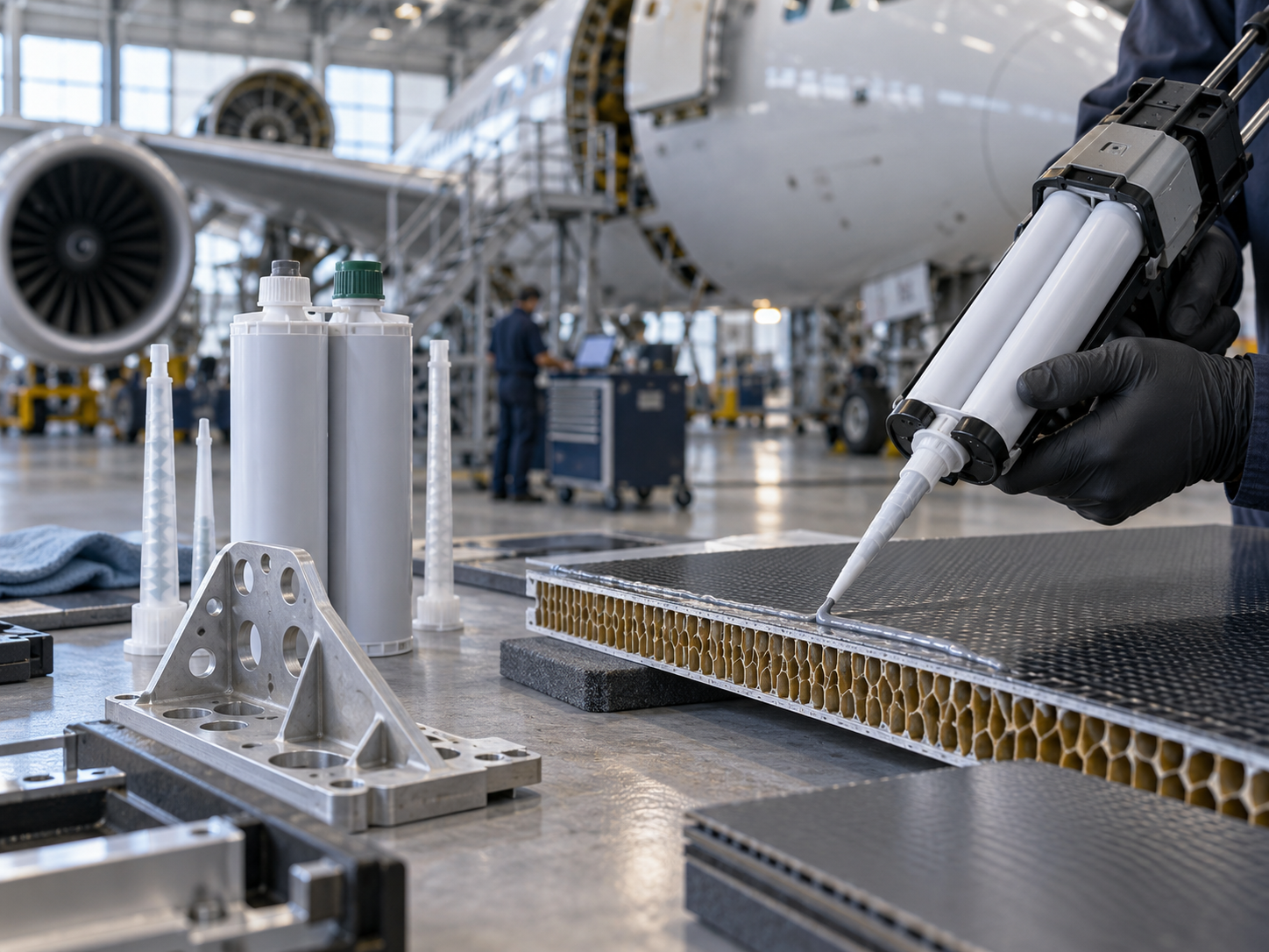 High peel strength adhesive being applied to aerospace components
