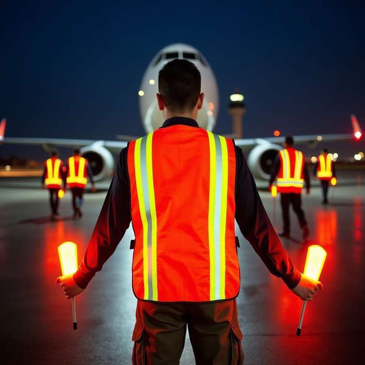 Airport ground crew wearing fluorescent reflective safety vests on the tarmac at night