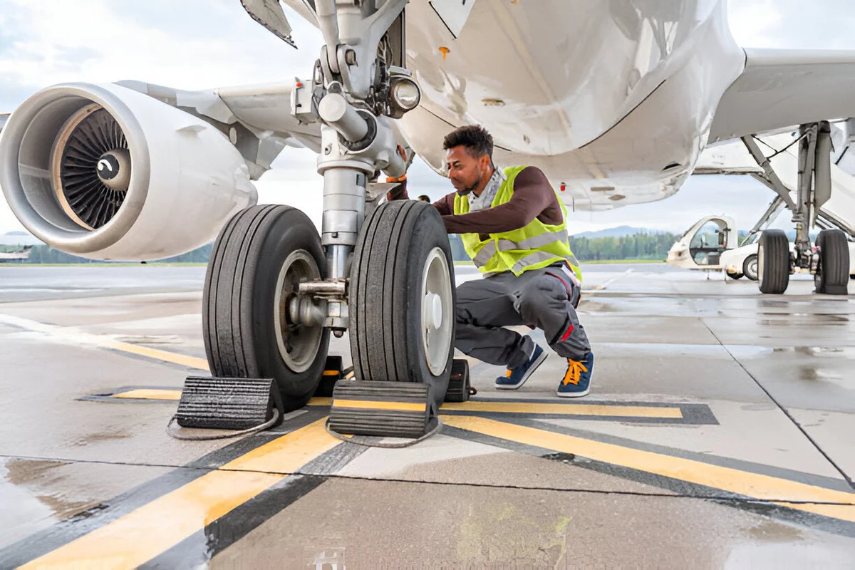 Ground crew member in high-visibility safety vest inspecting aircraft landing gear