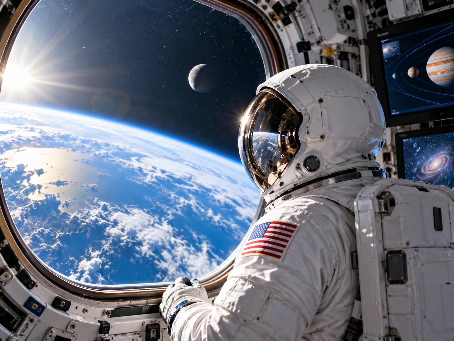 Astronaut in a spacesuit floating in space above Earth