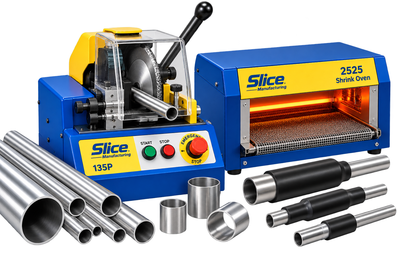 Cutting machines and heat shrink ovens