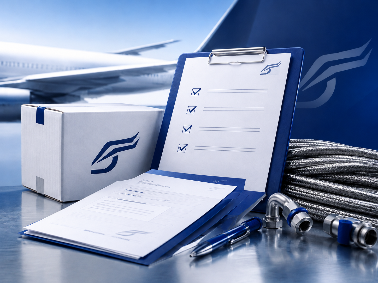 Jaco Aerospace onboarding — clipboard, packaging, and aircraft hardware