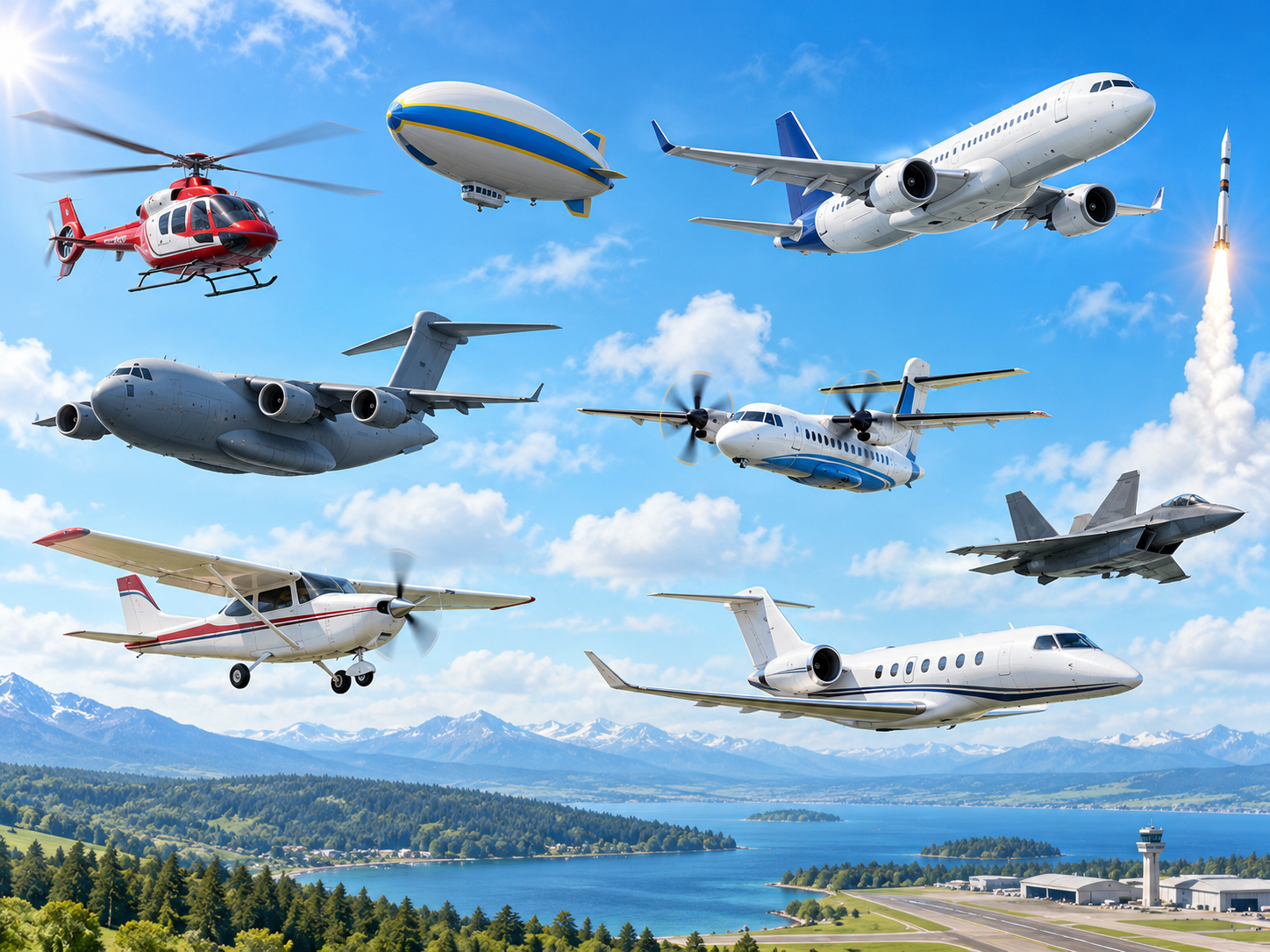 Colorful illustration of different kinds of aircraft flying in the sky