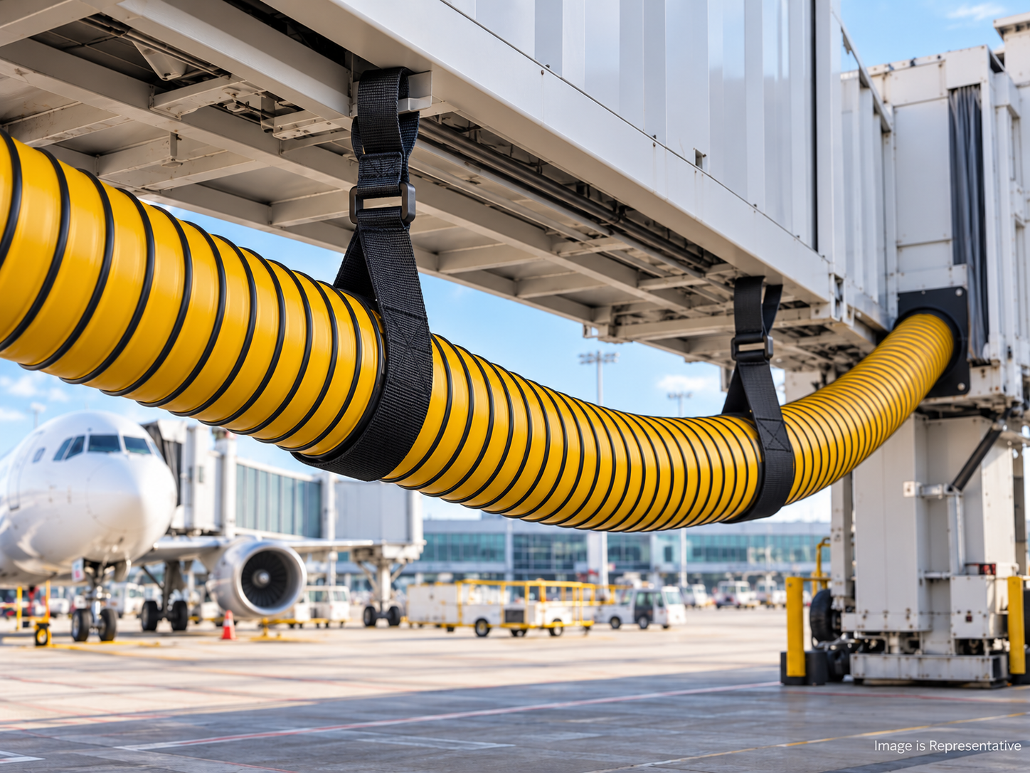 Hose hanger sling suspending PCA hose under a jet bridge