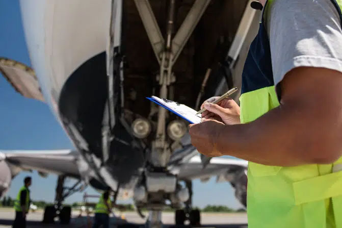 Aircraft ground maintenance technician inspecting an aircraft on the tarmac