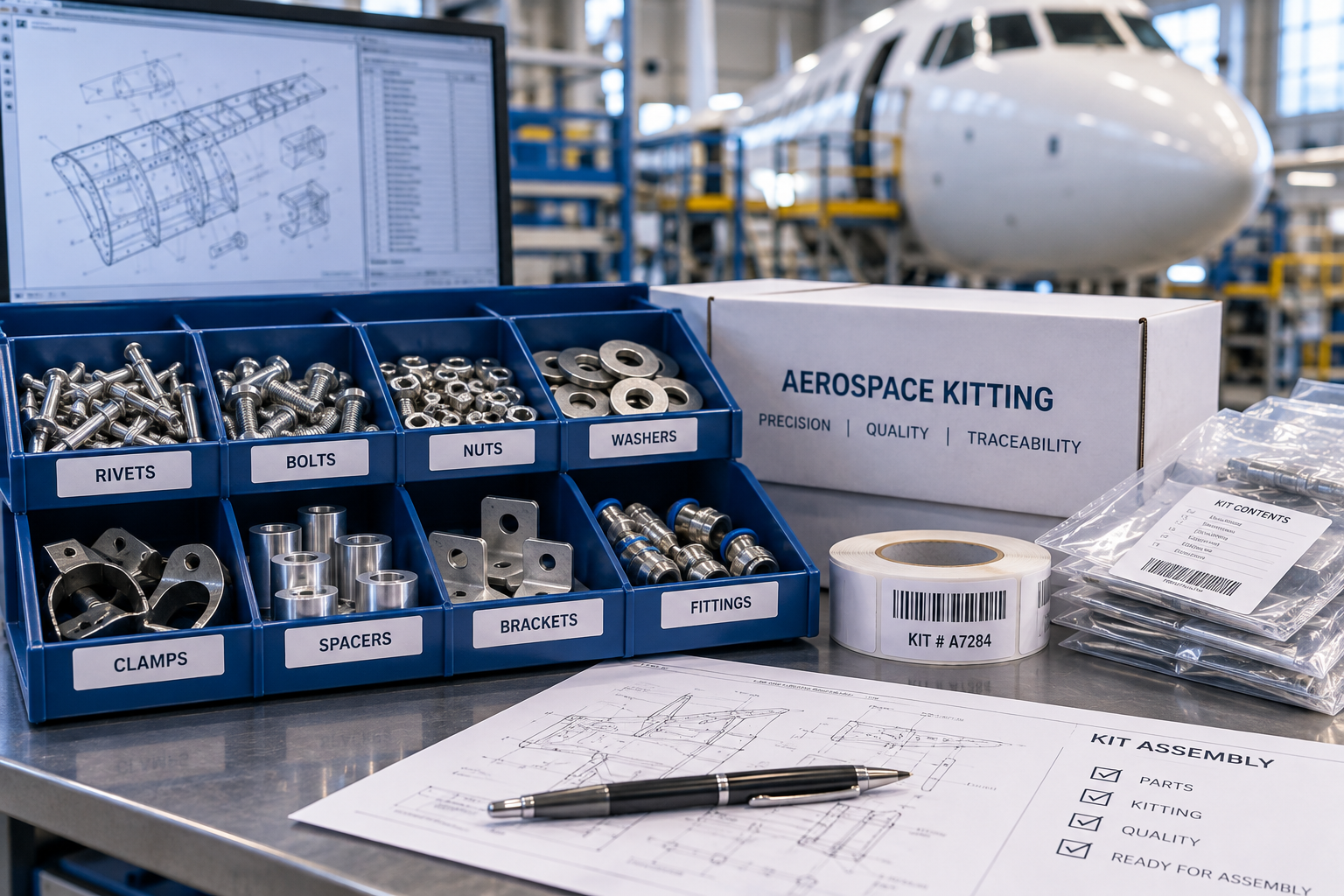 Aerospace kitting components organized for aircraft assembly