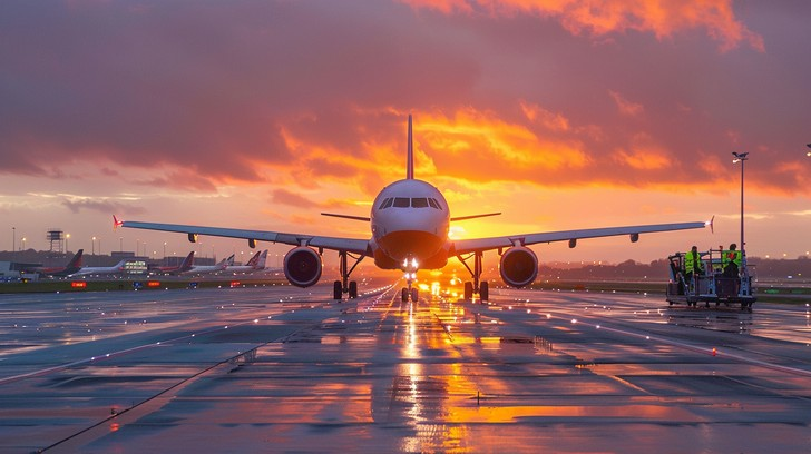 Commercial aircraft on runway during sunset