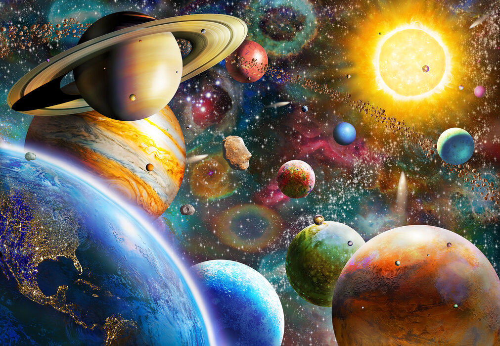 Colorful illustration of planets, the sun, and stars in outer space