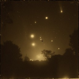 Sepia-toned photograph of mysterious glowing orbs hovering in a hazy night sky above a treeline