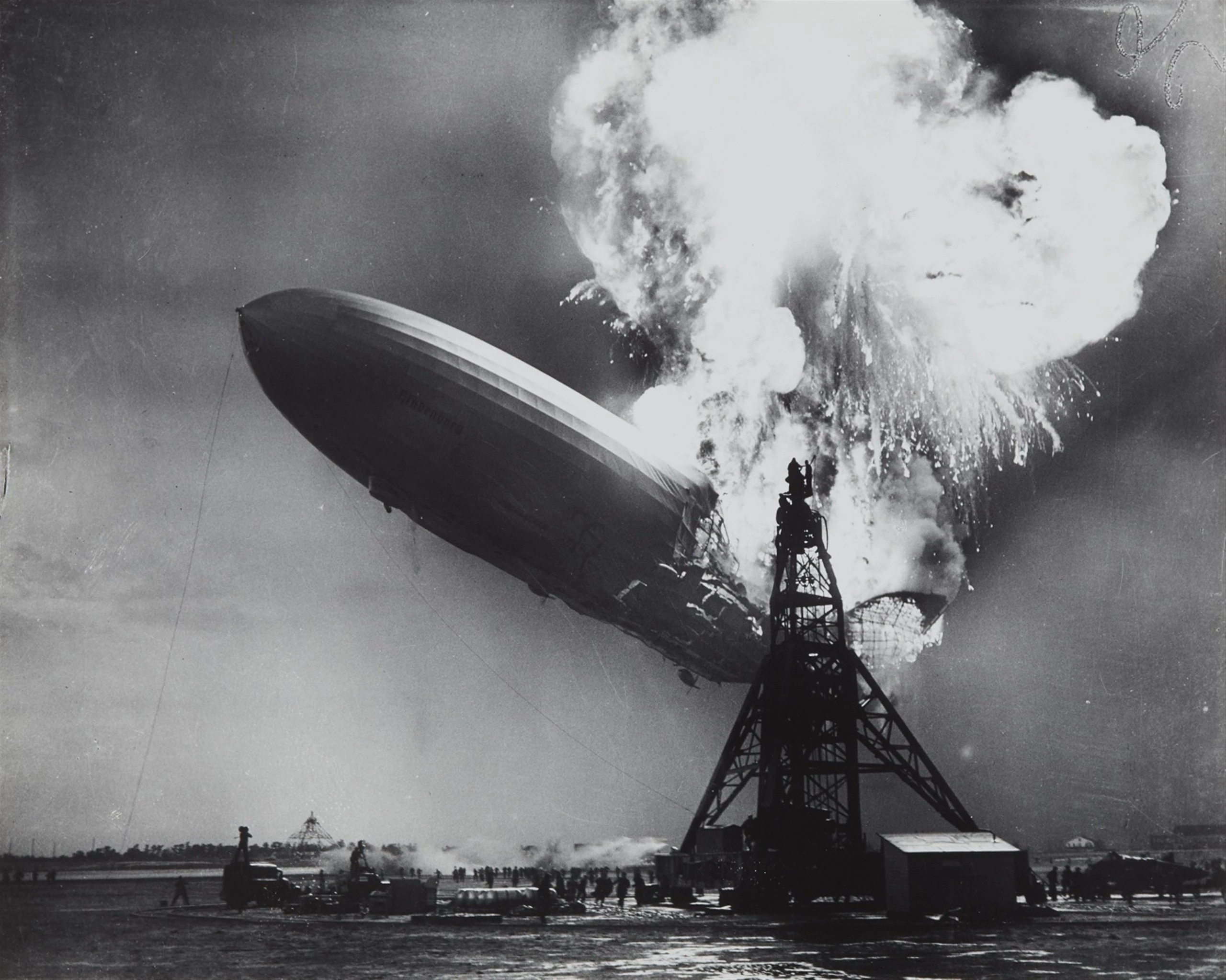 The Hindenburg airship engulfed in flames while mooring at Lakehurst Naval Air Station, New Jersey, May 6, 1937
