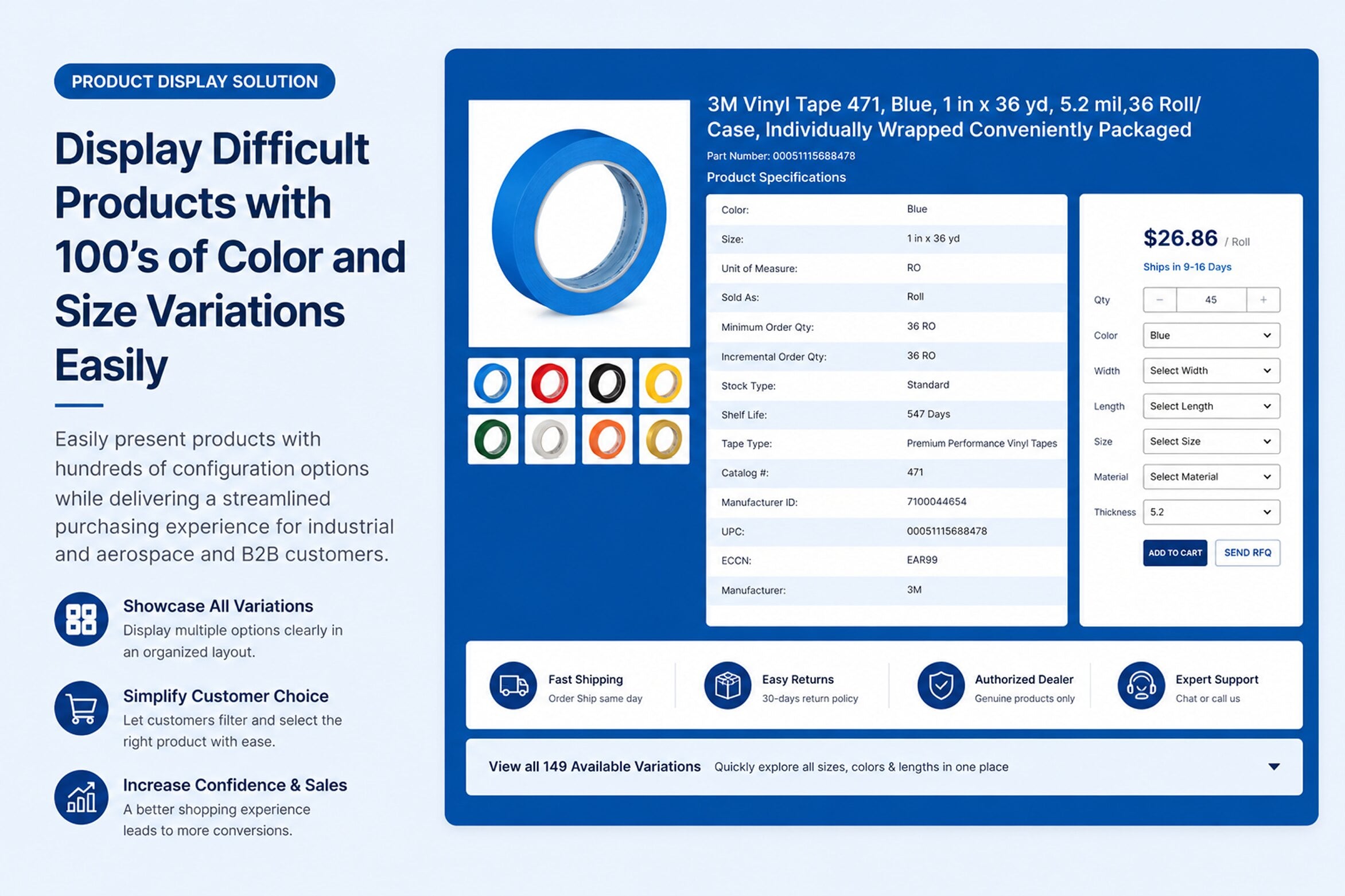 Product Display Solution: how product variations — sizes, colors, lengths — are presented to buyers on a single Jaco product page
